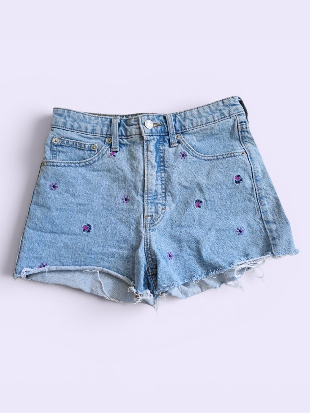 Lucky Brand Light Blue Denim Shorts with Purple Floral Embroidery